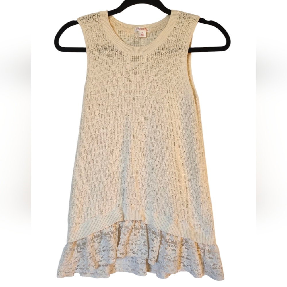 Xhilaration Cream Sleeveless Knit Sweater Tank Top with Ruffle Lace Hem, Medium